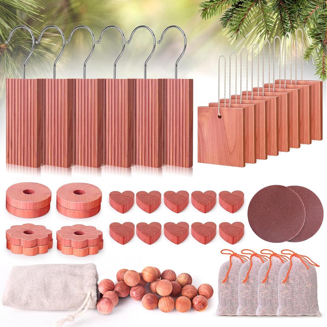 Woodever Cedar Blocks for Clothes Storage 56 Pcs, 100% Aromatic Planks with Metal Hooks, Cedar Wood Chips and Balls for Closets and Drawers, Fresh Scented Sachets