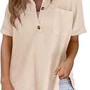 Astylish Women Waffle Knit Tops Henley Shirts Short Sleeve V Neck Solid Color Casual Tunic
S