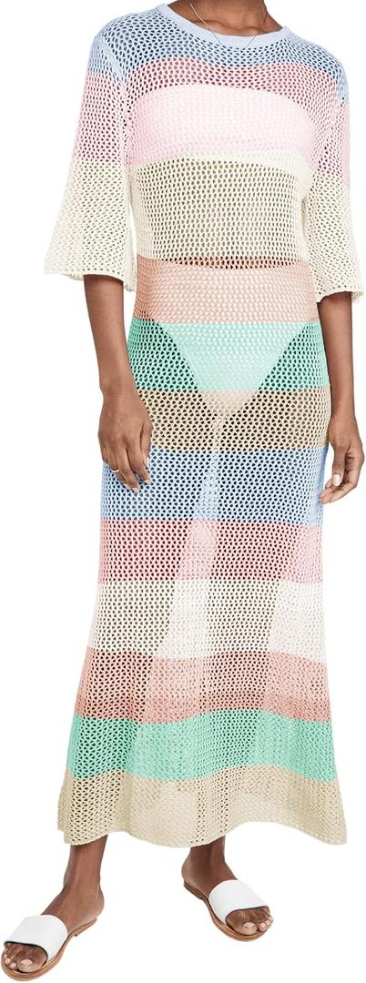 Women's Crochet Cover Ups for Bikini Swimsuit Half Sleeve Bathing Suit Rainbow Swimwear Long Beach Dresses (Pink), Size S