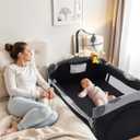 Soobaby 5 in 1 Baby Crib,Bedside Sleeper Bassinet,Pack and Play with Bassinet and Changing Table,Portable Travel Playpen Music Box,Portable Travel Crib for Infant Newborn (Black Gray)