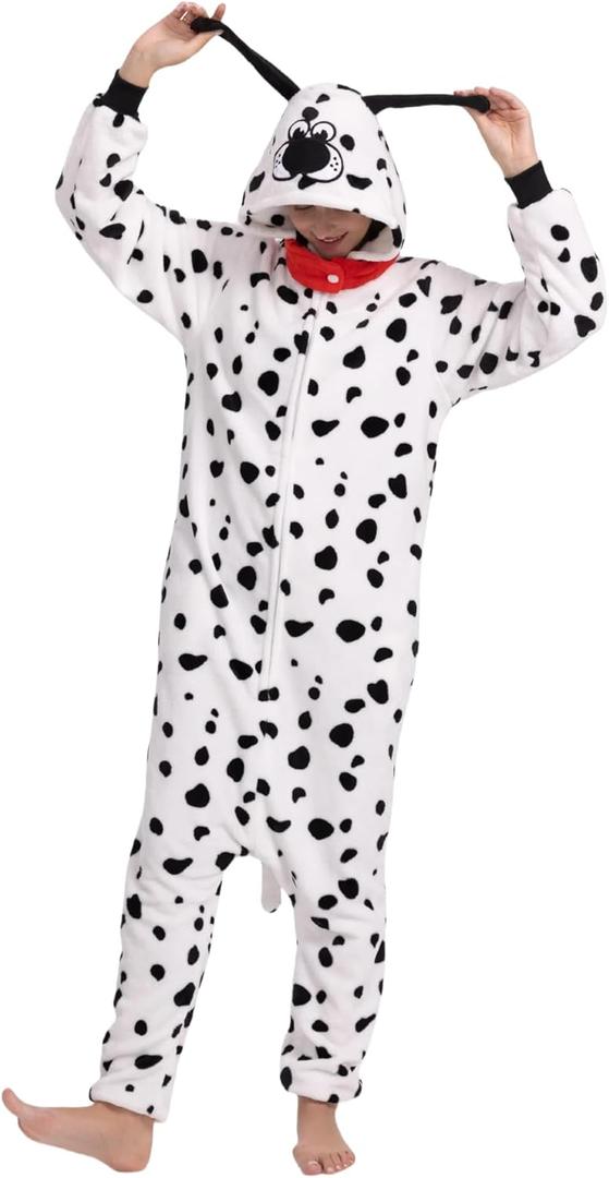 Unisex Adult Animal Onesie Pajamas, Men Women Flannel Halloween Cosplay Costume (Medium, Dalmatian)