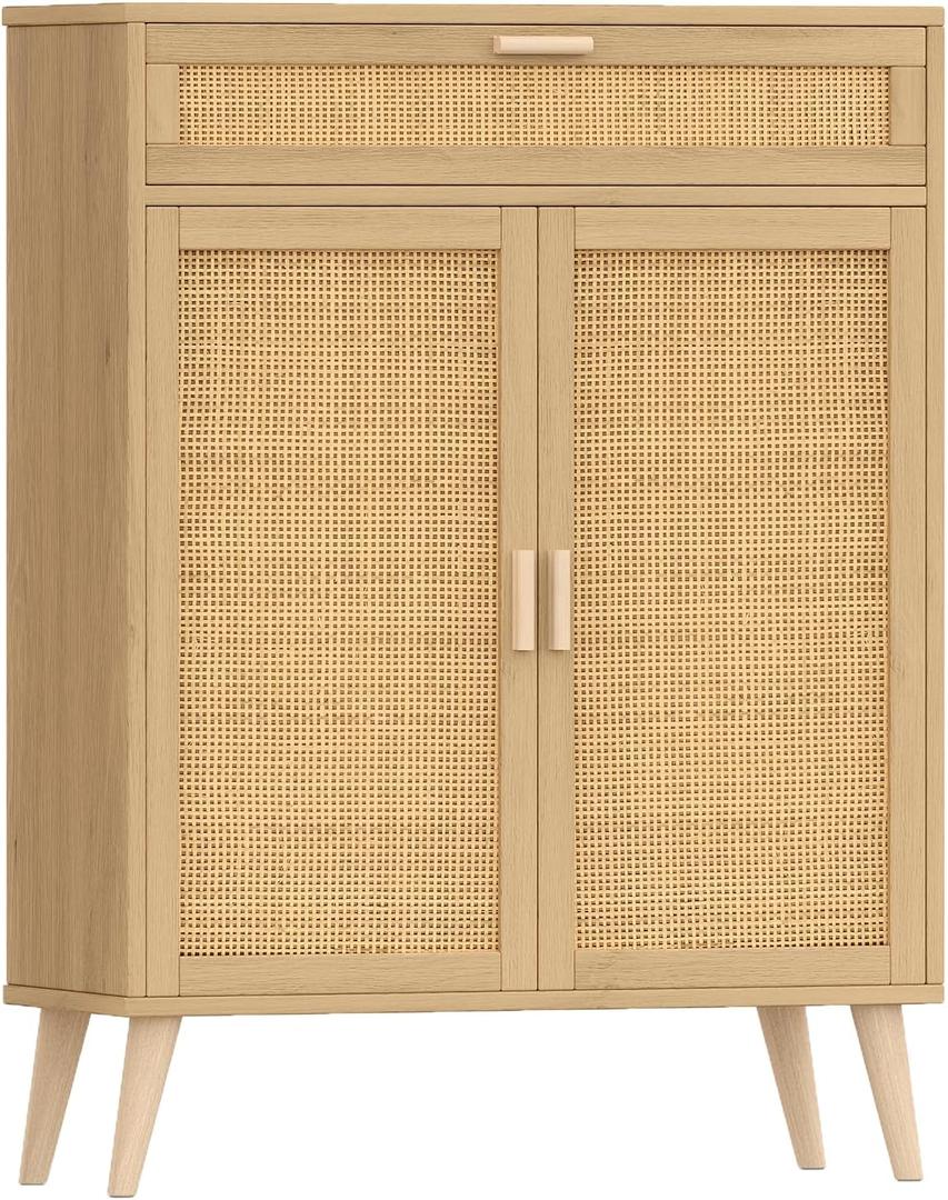 Rovaurx Rattan Floor Storage Cabinet with 2 Doors, Bathroom Cabinet with Large Drawer, Freestanding Storage Cabinet Organizer, Natural BMGZ107M