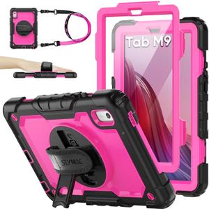 SEYMAC stock Case for Lenovo Tab M9 (TB-310FU) 2023 with Screen Protector, Drop-Proof Protection Cover with 360 Rotating Stand &Strap [Pen Holder] Case for Lenovo Tab M9 9'' (Pink+Black)