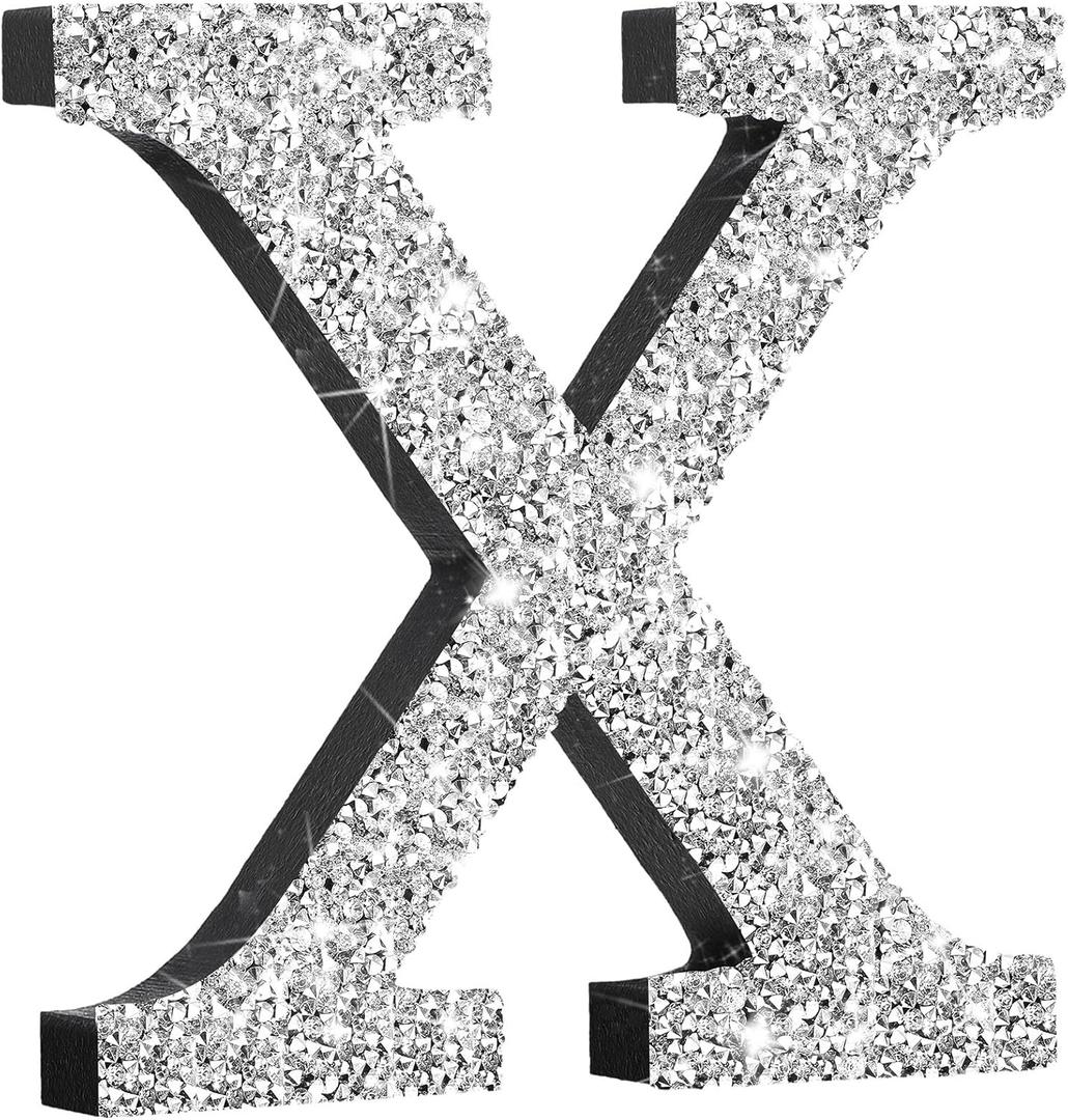 Qunclay Silver Crystal Diamond Bling Letters Crushed Diamond Decoration Wooden Glitter Letter with Screw and Hooks Rhinestone Gift for Wedding Y2k Mcbling Bedroom Wall Decor(Letter X,5.7"l X 5.7"w)