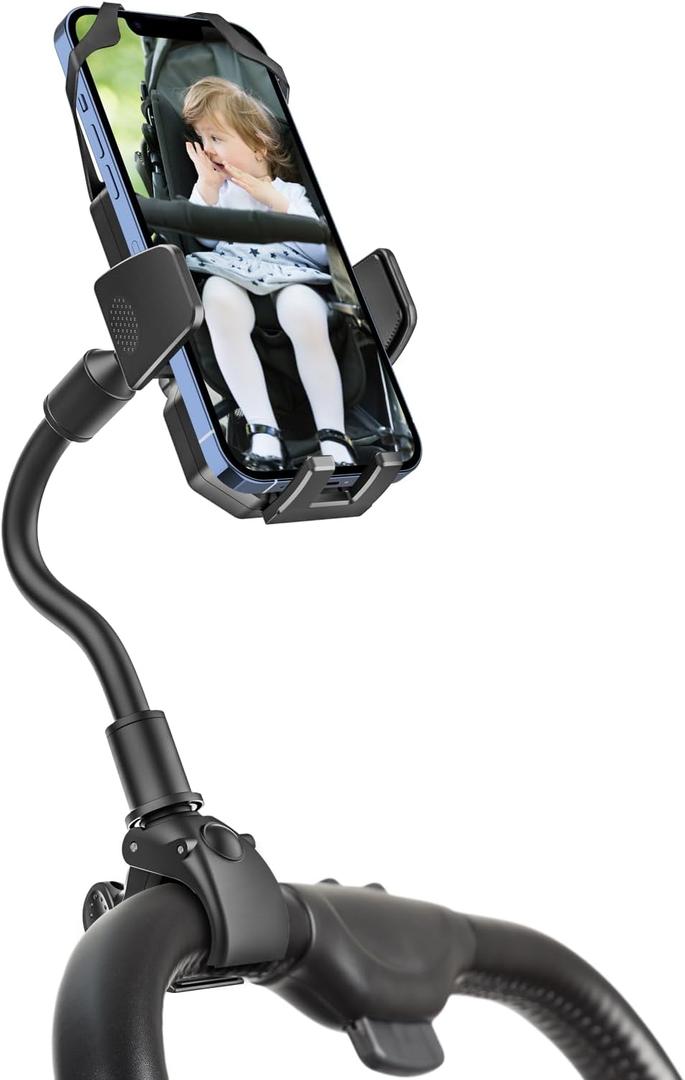 Gooseneck Stroller Phone Holder, Cell Phone Mount Pole Clamp for Baby Stroller, Shopping Cart, wheelchair, One Hand Operation Clip for iPhone Air 17 Pro Max 16 15 14 13 12 Plus, S25, 4-7" Smartphones