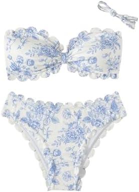 SHENHE Women's 2 Piece Bandeau Bikini Sets Floral Print Scalloped Boho Strapless Swimsuits Small