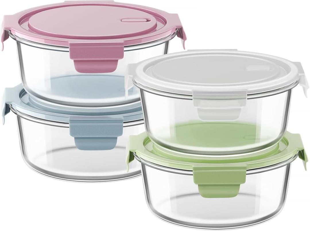 30oz Glass Meal Prep Containers with Lids, Airtight 3.75 Cup Food Storage Containers Set, Heat-Resistant BPA-Free Glass Containers for Soup Leftover, Microwave, Dishwasher, and Freezer Safe (4 Packs) (Multicolor+Clear)