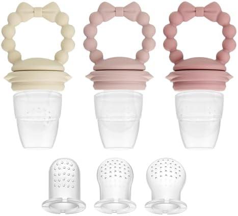 PandaEar 3 Pack Baby Fruit Food Feeder Pacifier with 3 Different Size Silicone Pouch, Silicone Teethers for Babies 3-6-12 Months, BPA Free Mesh Feeder, Baby Solid Food Essentials