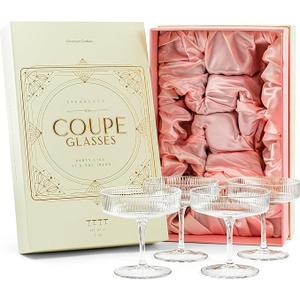 Vintage Art Deco Coupe Glasses | Set of 4 | 7 oz Classic Cocktail Glassware for Champagne, Martini, Manhattan, Cosmopolitan, Sidecar | Crystal Speakeasy Style Saucer Goblets with Stems