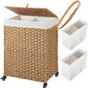 Greenstell Laundry Hamper with Wheels, No Install Needed, 90L Divided Handwoven Hampers & 2 Removable Liner Bags, Synthetic Rattan Clothes Laundry Basket with Lid & Handles, Foldable Hampers Natural (90L: 18.3x13.5x26.4 Inches)