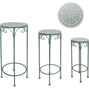 Metal Plant Stand Set of 3 Round Ceramic Tile Nesting Side Table Top 28" Tall Mosaic Flower Stand Indoor Outdoor Plant Rack Flower Holder for Wedding Party Patio Living Room Garden Decorative (Green)