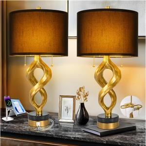 Sculptural Table Lamp Set of 2 for Bedroom, 26 Gold Leaf Farmhouse Bedside Lamps for Living Room, Pull Chains Switch Rustic Nightstand Lamp Marble Base with USB for Home Room Decor (Bulbs Included)