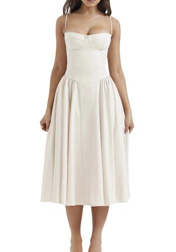 SHINFY Womens Summer Corset Midi Dress Spaghetti Strap Bustier A-Line Flowy Sundress Formal Cocktail Vacation Dress White, XL