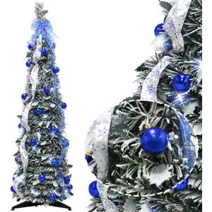 4FT Pop up Christmas Tree for Indoor Decoration Pre-lit Mini Christmas Tree with 60 Lights, Green Artificial Pencil Tree Collapsible Tinsel Pop up Snowy with Blue Bow Christmas Ball