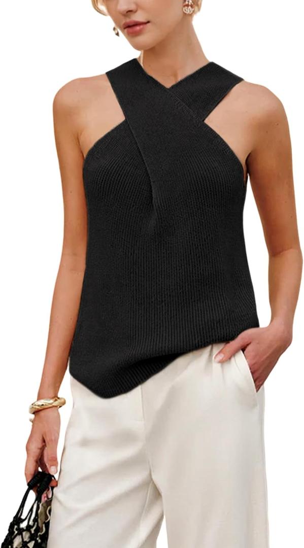 Yeokou Women Halter Cross Over Collar Tank Knit Sleeveless Top Solid Color Casual Summer Blouse (Large, Black)