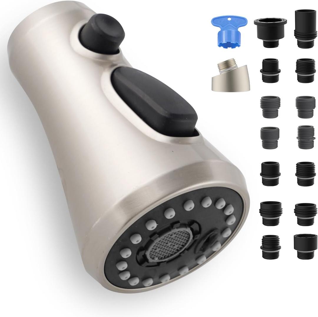Universal Kitchen Faucet Head Replacement Compatible with Kohler/Moen/Delta Faucet with 15 Adapter Kit, 3 Function Pull Down Sink Faucet Spray Head, Brushed Nickel
