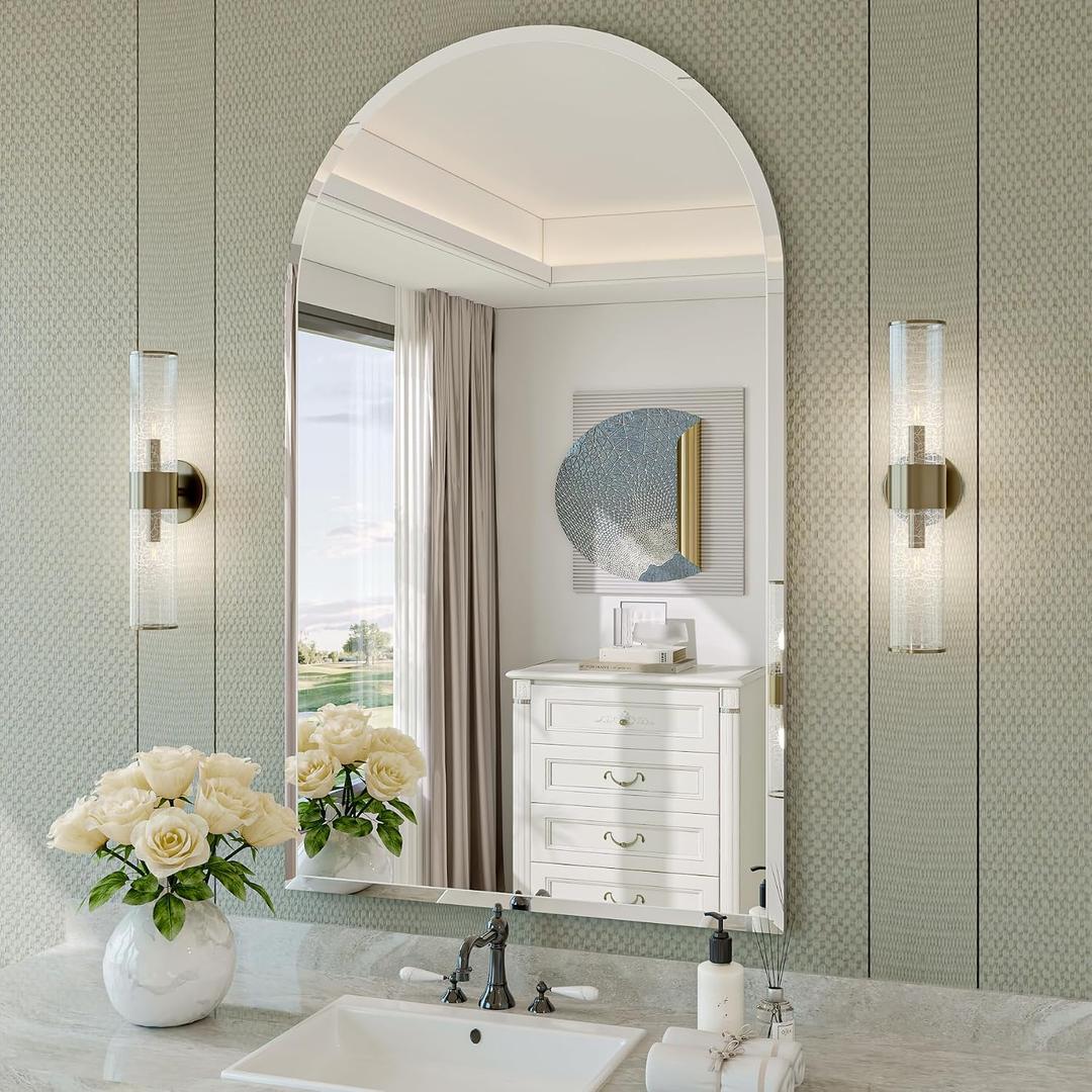Frameless Bathroom Mirror, 24"x40" Arched Bathroom Vanity Mirrors for Beveled Edge, Arched Wall Mirror, Decorative Arch Mirrors for Bedroom, Entryway, Living Room