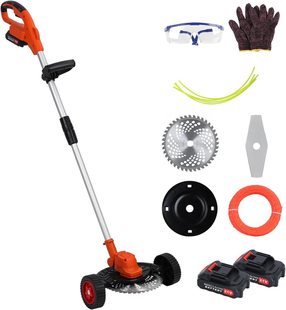 10 Inch Weed Wacker Battery Powered, 21V 2000mAh Brushless Motor Cordless Trimmer, 3-in-1 Lawn Edger with 2 Blades, Telescopic Rod & Safety Lock, Rechargeable Electric Weed Eater for Gardens