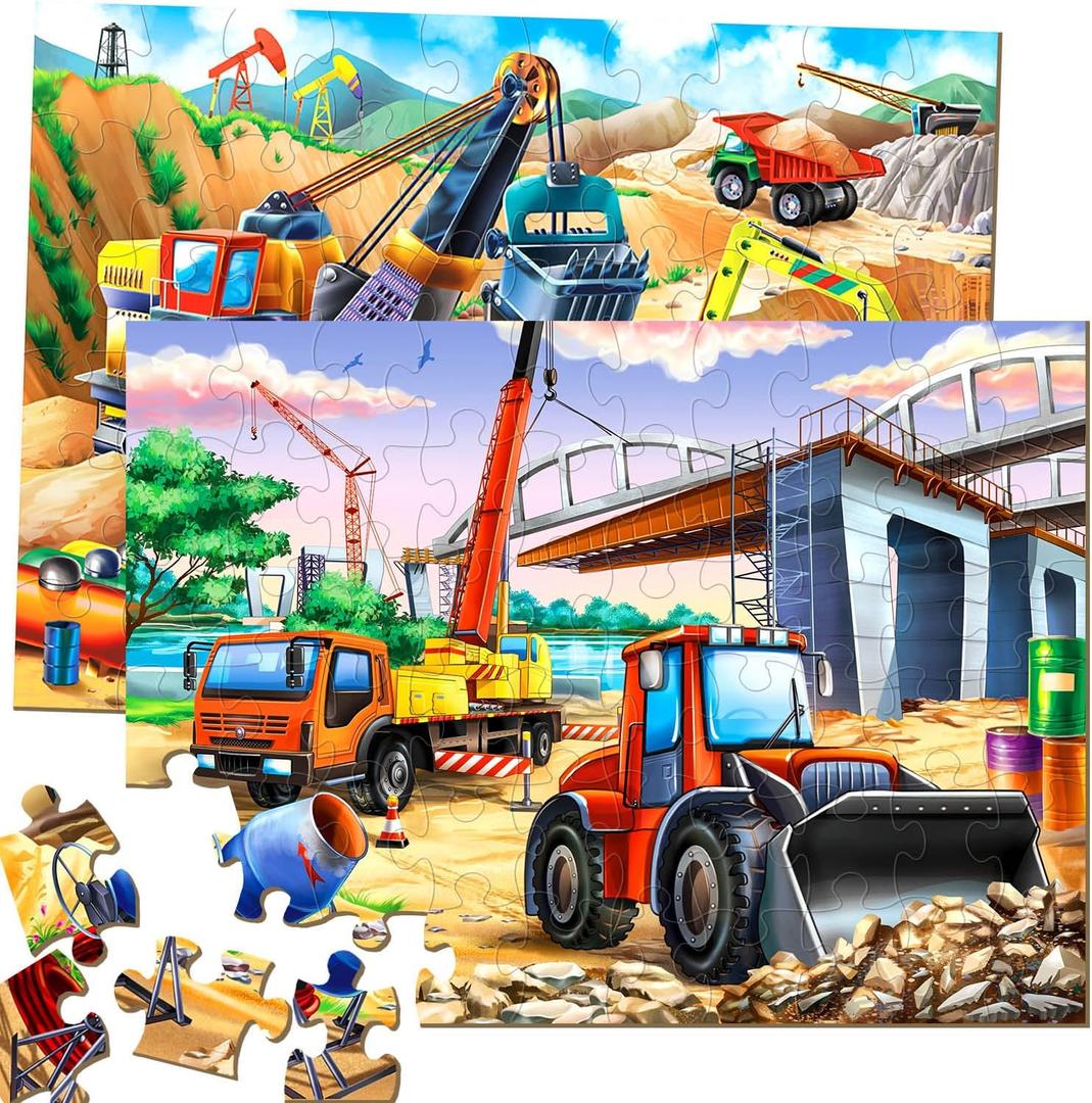 Puzzles for Kids Ages 4-6  2x60 Pieces Jigsaw Puzzles for Toddlers 3-5,6-8,Fun Bulldozer & Truck Toys,2 in 1 Pack Educational Construction Site Games for Boy & Girl
