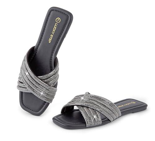 LUCKY STEP Women's Rhinestone Flat Sandals Open Toe Summer Glitter Bling Sparkle Dressy Slip on Outdoor Crossed Strap Slide (Black,9 B(M) US)