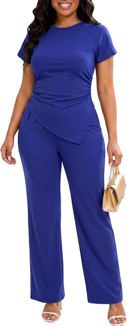 Ekaliy Women Two Piece Outfits Short Sleeve Crop Top and Long Pants Set | Puff Sleeve,Irregular Hem,Ruched Crop Top,Dressy 2 Piece Sets,Business Casual Outfits,Semi Formal Outfits (Blue, XXL)