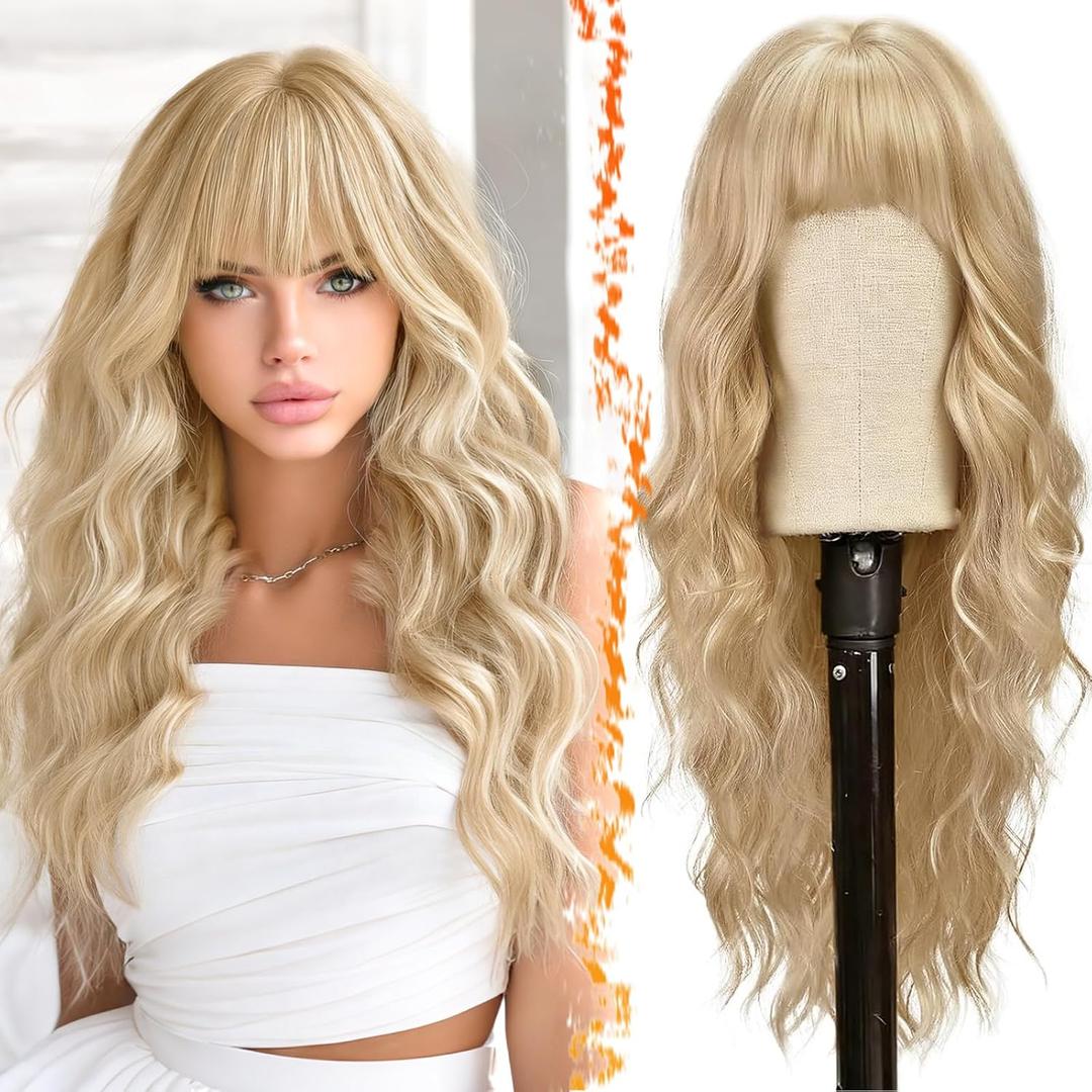 BARSDAR Long Wavy Blonde Wig With Bangs - 26 Inch Long Wavy Beige Blonde Wig with Bangs for Women - Thick Soft Synthetic Hair Replacement Wigs Natural Looking Daily Cosplay Party Halloween