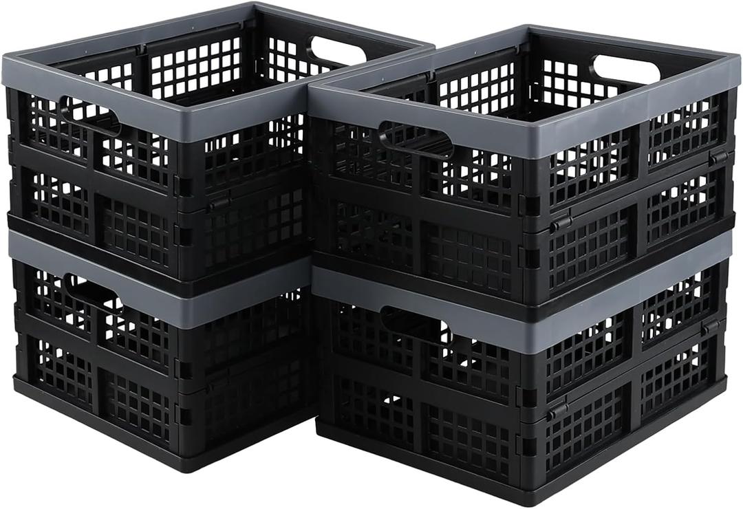 15 L Plastic Collapsible Crates, Stackable Folding Crates, 4 Packs (Black and Deep Grey)