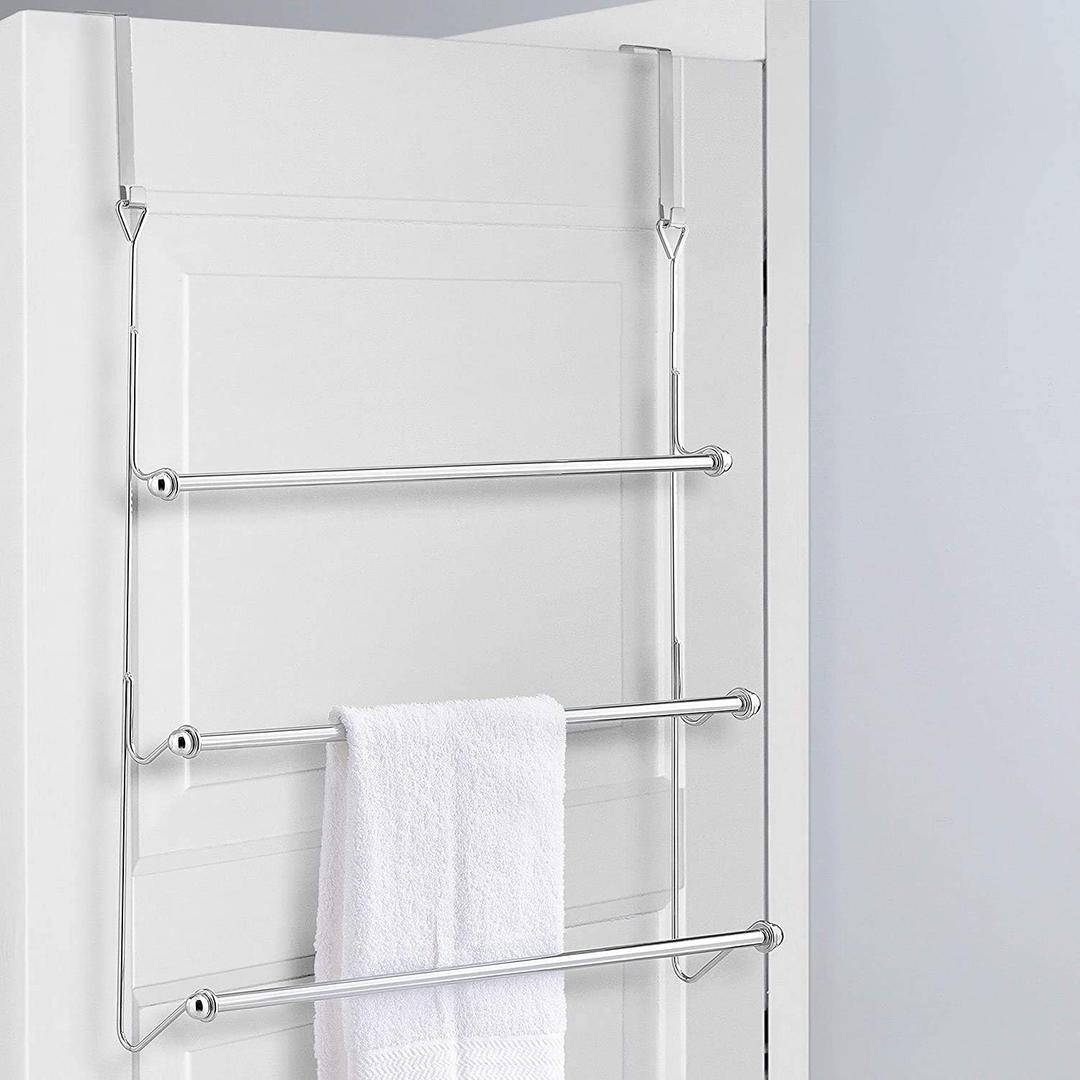 MyGift 3 Tier Over The Door Towel Rack for Bathroom, Over The Door Bath Towel Bar, Hand Towel Holder, Behind Shower Door Drying Rack for Laundry, Chrome-Plated (Silver)