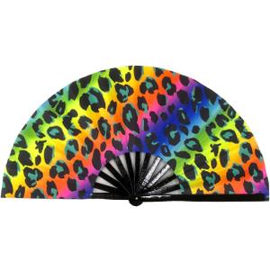 Folding Fan UV Glow Rave Bamboo Summer Hand Fan Leopard Print Decoration Dancing Party Wedding Night Club Concert Festival Large (Multicoloured-9, M)