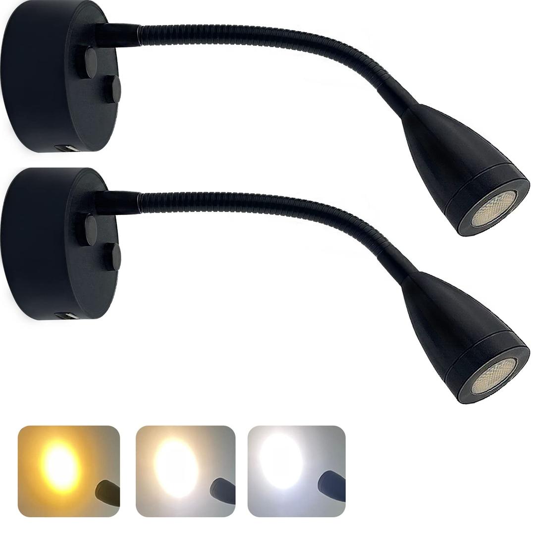 TZnpnor 2 Pack 12-24V RV LED Bedside Light USB Charging Port Gooseneck LED Spotlight, Touch Dimming 360° Rotating Spotlight for Camper Travel Truck Trailer RV Bedside Lamp (Black)