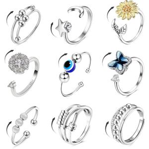 Fidget Rings for Women Men, 9 Pcs Spinner Anxiety Rings for Anxiety Relieving Stress,Adjustable Open CZ Flower Moon Star Rotatable Rings (Silver)