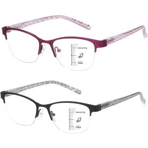 Missfive 2 Pack Women Progressive Multifocus Reading Glasses, No Line Blue Light Blocking Spring Hinge Readers Lightweight Multifocal Computer Cateye Eyeglasses(Workspace For Near Range 2.5x) (Multifocus, Top Lens Not 0x / 1 Black+1 Magenta)