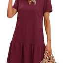Wenrine Womens Casual Mini Dress Short Sleeve V Neck Drop Waist Ruffle Loose Summer Dresses with Pockets Burgundy S