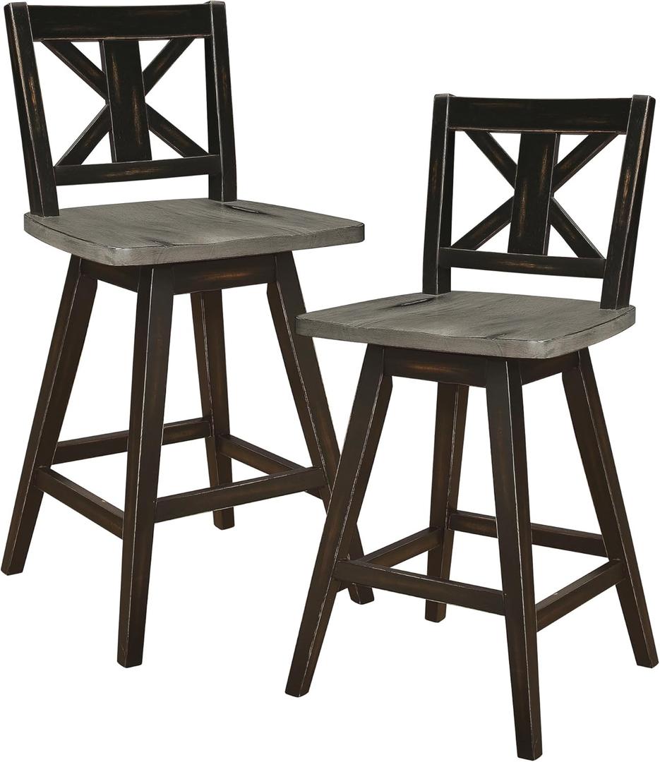 Solid Wood High Back Swivel Counter Height Bar Stools Set of 2, Kitchen Stools Counter Height, Foot Rest, X Back, Tall Wooden Armless Dining Chairs For Kitchen Island, Farmhouse, Rustic, Black