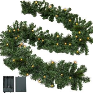 9 FT Christmas Garland for Decorations, Green Tinsel Garland with 50 LED Lights, Artificial Soft Greenery Pine Garlands Decoration for Home Garden Indoor Outdoor Decorations