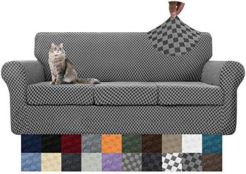 YEMYHOM Latest Checkered 4 Pieces Couch Covers for 3 Cushion Couch High Stretch Thickened Sofa Cover for Dogs Pets Living Room Anti Slip Elastic Slipcovers (Dark Gray Checkered), 71"-91"(3 Cushions)