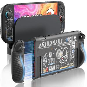 JEMDO Raised Anti-Slip Handle Protective Case Compatible with Nintendo Switch 2 (2025) – Slim Shockproof TPU Cover with Textured Grip, Ergonomic Design, Black Shell with Astronaut Art