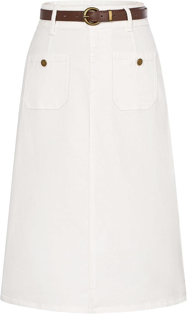 Belle Poque White Denim Skirt Women High Waisted Skirt with Pockets Jean Skirts for Women White L