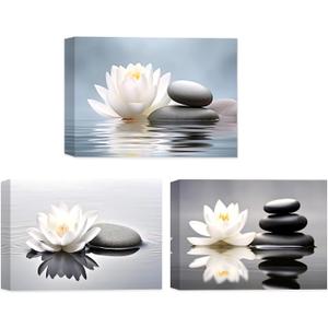 CCWACPP Zen Canvas Wall Art 3 Piece White Lotus and Black Zen Stones Picture Prints for Yoga Spa Meditation Spiritual Room Bathroom Decor Frame (16x24inchx3P)