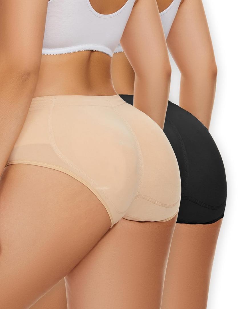 Zimi Collection 2pack Seamless Booty Pads Hip Enhancer Panty Butt Lifter Panties Underwear for Women with Removable Pads Black+Skin M