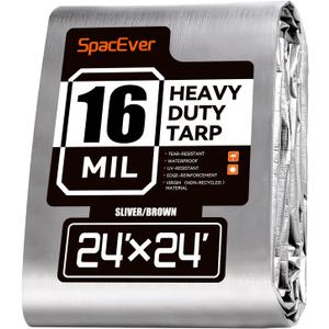 24x24 FT Tarp Waterproof, 16 Mil Tarps Heavy Duty Waterproof Multipurpose Protective Cover UV Resistant Rip & Tear Resistant with Grommets Reversible for Home Boats Cars Camping (Sliver/Brown)