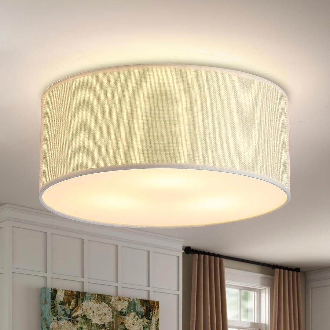 3-Light Semi Flush Mount Ceiling Light Fixture,Round Ceiling Light Fixture for Bedroom,12.6" Modern Close to Ceiling Light with Linen Fabric Drum Shade,Ceiling Lamps for Hallway Living Room (White)