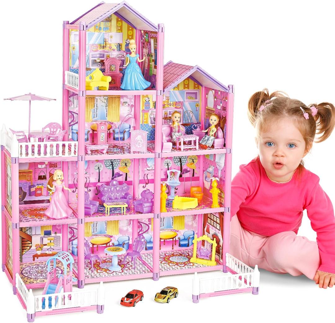 deAO Doll House for Girls, 4-Story Dollhouse with 10 Rooms, 2 Dolls, Furniture and Accessories, Toddler Playhouse Gift for 3 4 5 6 7 8+ Year Old Girls