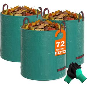 FEED GARDEN 72 Gallon Reusable Yard Waste Bags, 3 Pack Heavy Duty Lawn and Leaf Bags with 4 Reinforced Handles Stand Up for Leaves Grass Clippings Debris Includes Gardening Gloves