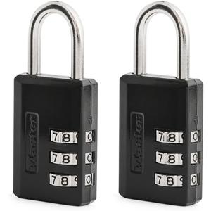 Master Lock Black Combination Padlock, Indoor Gym Locker Lock with Customizable 3-Digit Code for Luggage, Backpacks, Cabinets, 2 pk, 647EC2