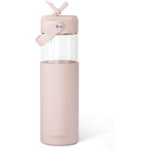 SANDJEST Glass Water Bottle with Silicone Sleeve and Straw Lid 20oz for Girls Women, Glass Drinking Bottles for Travel Home Gym Sports (Warm Sand)