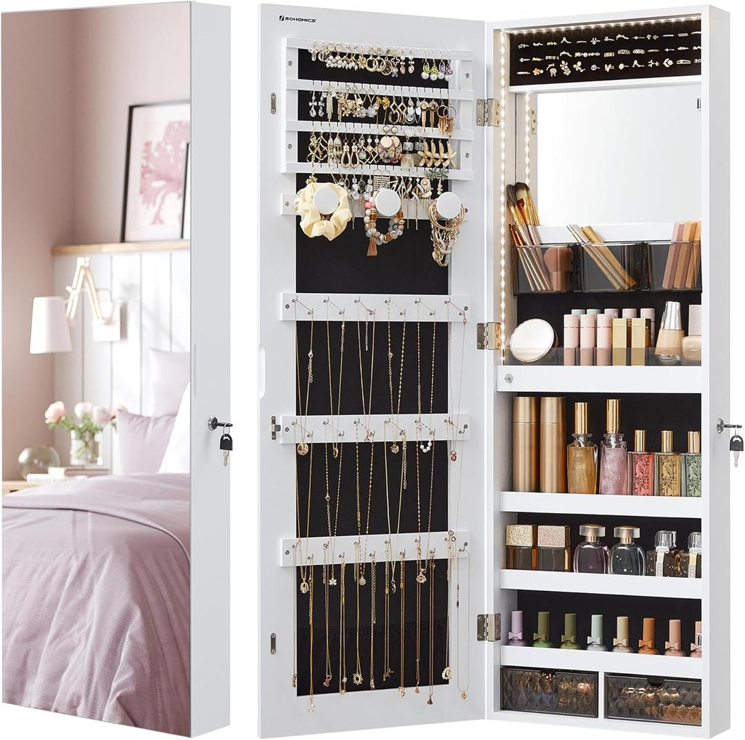 SONGMICS Mirror Jewelry Cabinet Armoire Organizer, Wall or Door Mount Storage Cabinet with Full-Length Frameless Lighted Mirror, Built-in Makeup Mirror, 2 Drawers, Lockable, White UJJC013W01