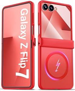 BXYJY for Samsung Galaxy Z Flip 7 Case with Hinge Protector, Front Screen Protector, Slim Compatible with MagSafe, Translucent Rugged Shockproof Men Women Full Phone Case for Samsung Z Flip7, Red