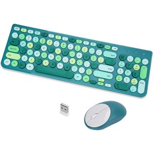 Wireless Keyboard and Mouse Combo, Retro Typewriter Keyboard with Round Keycaps, 2.4GHz USB Cute Wireless Keyboard Mouse for Computer, Desktop (Green)