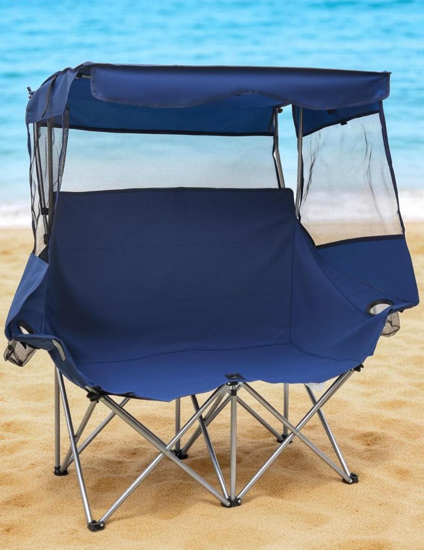 East Oak Double Camping Chair with Canopy | 24" High Back Camping Couch for Adults with 360° Sun Protection, 13 lbs Lightweight, 660 lbs Heavy Duty Canopy Chair for Outdoors, Blue